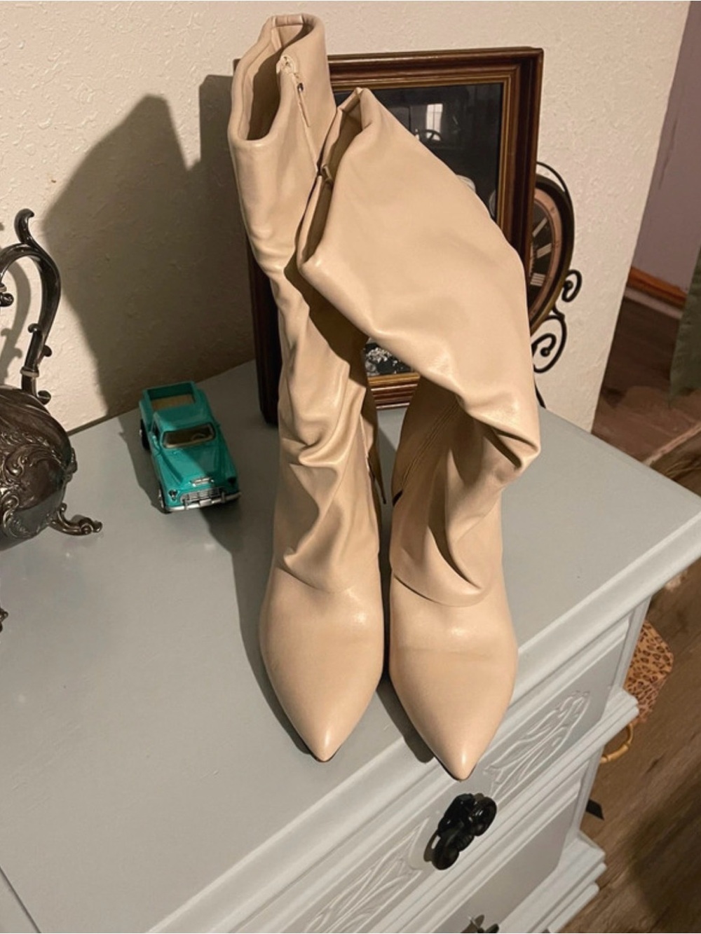 Unisa Beige Pointed Toe Slouch Knee-High Boots